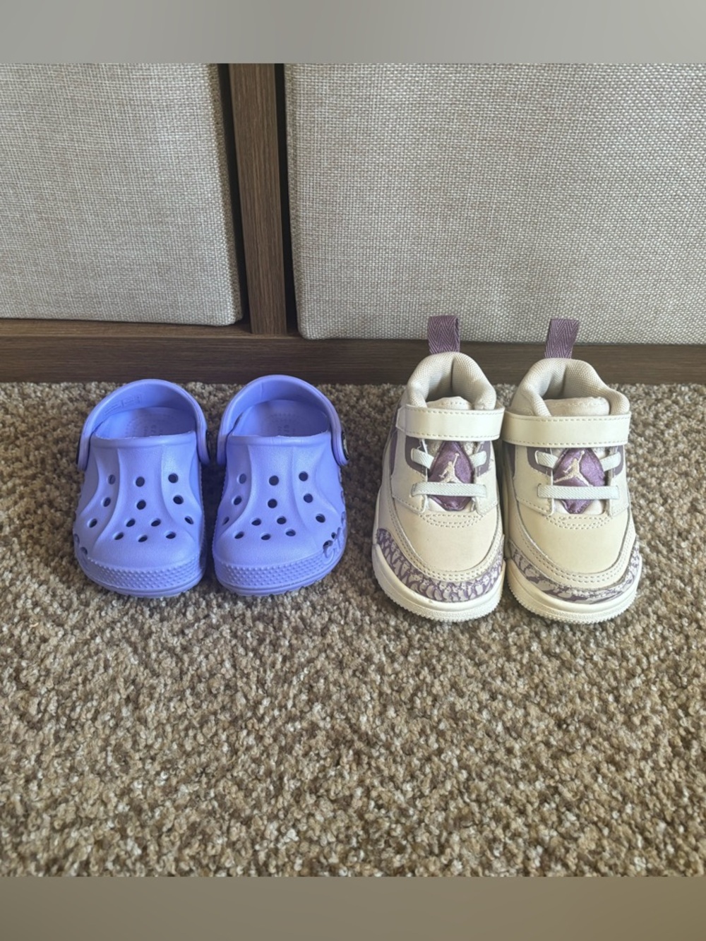 Size 4 toddler Crocs and Jordan Cream-Purple